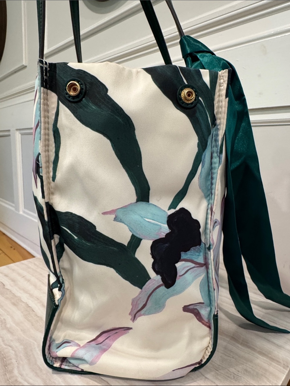 Tory Burch Bag Small Ella Limited Edition Floral Tote with Green Leather Trim - Picture 9 of 17